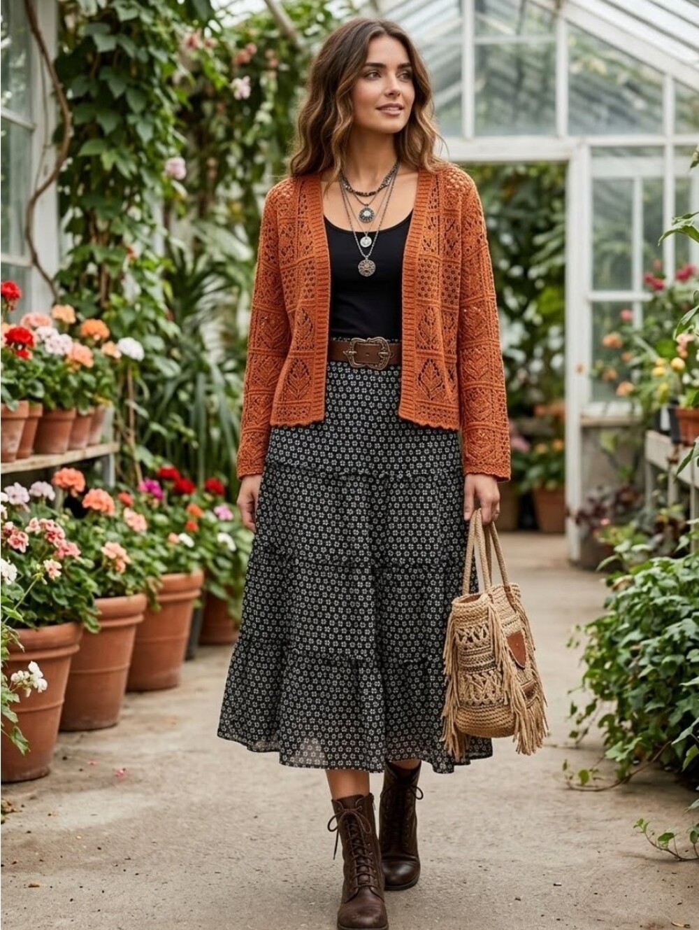Black Floral Tiered Midi Skirt Daisy's Elastic Waist Pull On Boho Gauze